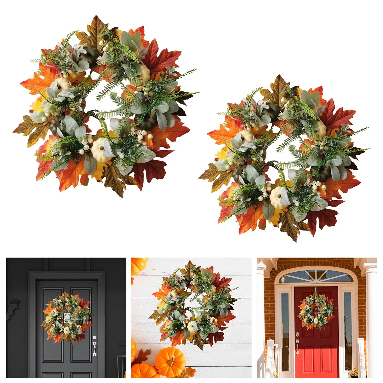 Autumn Farmhouse Wreath Hanging Fall Harvest Door Wreath with Pumpkins Maple Leaves for Home Farmhouse Indoor Wall Halloween