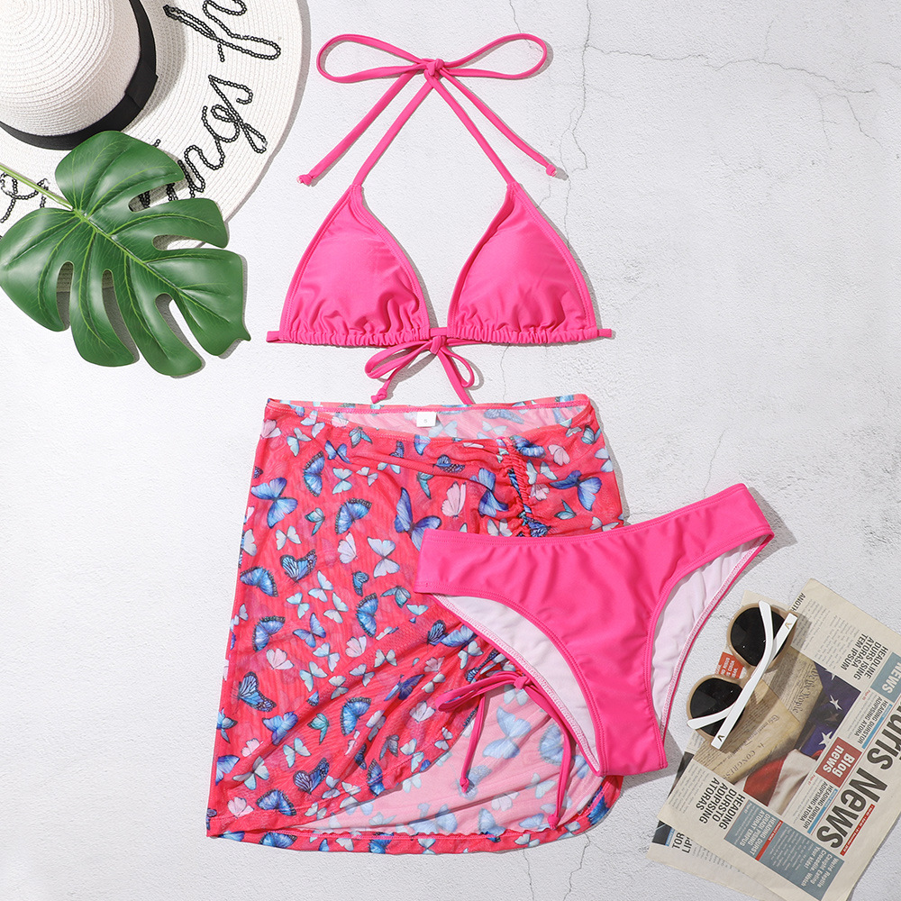 bathing suit wrap skirt 3Pcs Swimwear Women Bohemian Printed Bikini Sets + Mesh Sheer Drawstring Sexy Beach Skirts Bikini Cover Ups Female Summer 2022 bathing suit cover