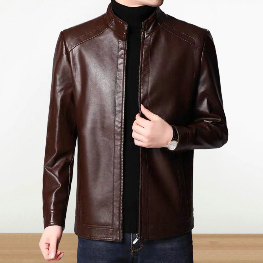 Description Picture 5 of itemMen Faux Leather Jacket Stylish Men's Faux Leather Jacket Warm Windproof Trendy Outerwear for Autumn Winter Fall Men Jacket