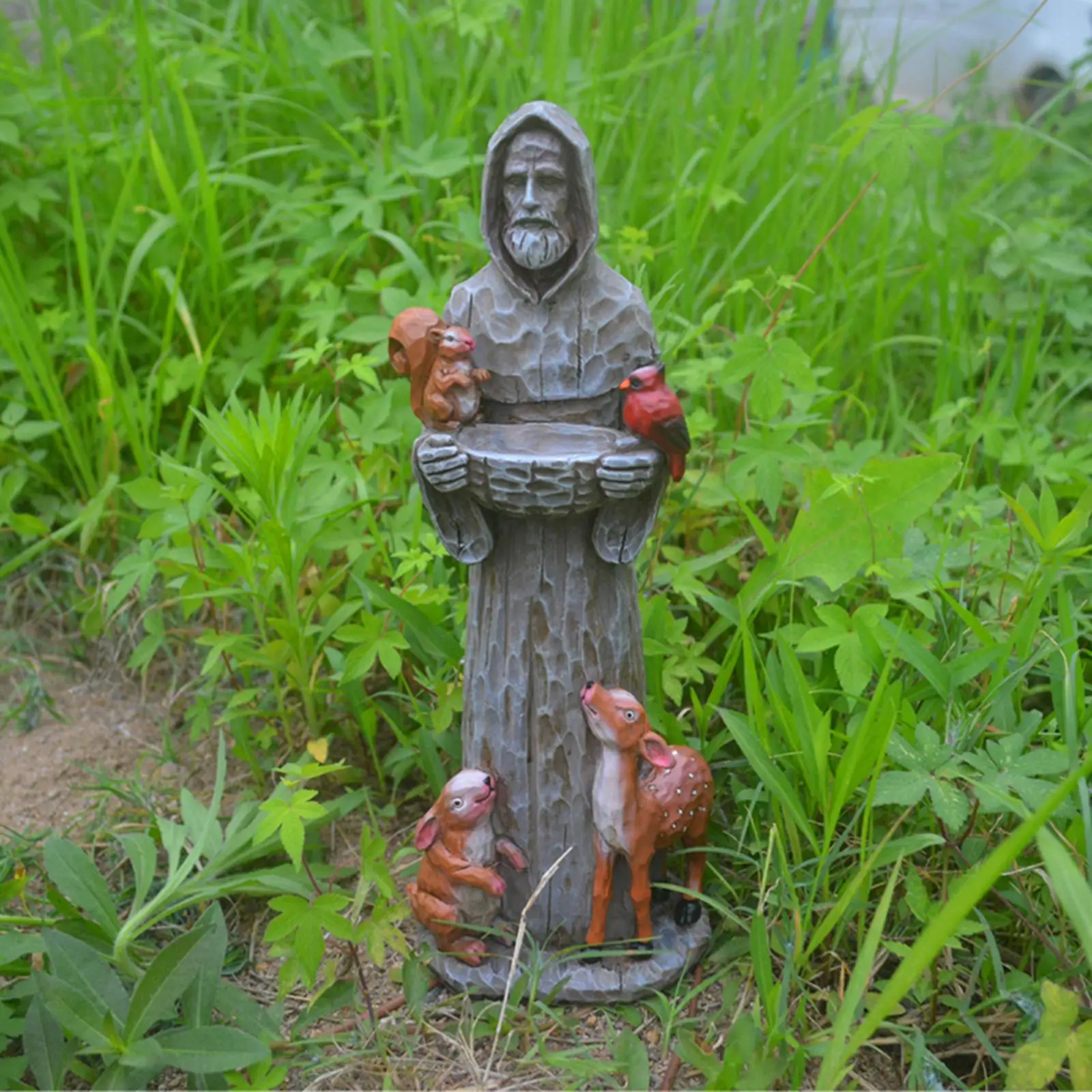  Resin Garden Statuary with Birds Feeder Catholic Christian  Housewarming Gifts 4.3x3.4x11.8inch Outdoor Decoration