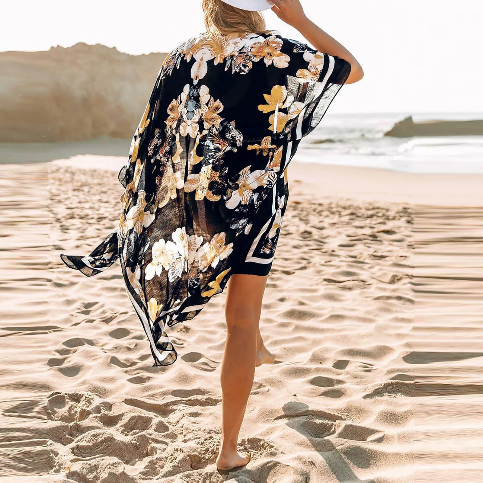 Summer 2022 Bohemian Chiffon Shirt Women Sunscreen Kimono Cardigan Perspective Long Blouse Leaves Print Beachwear cute bathing suit cover ups