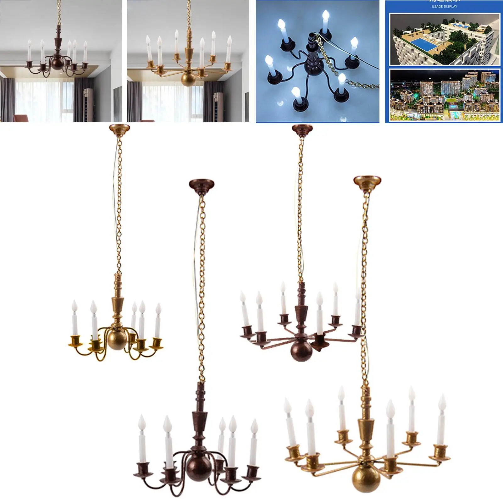 Modern Candle Style Ceiling Light Fixture Chandelier Ceiling Lamps for DIY Fairy Garden Model Building Kits 1:87 HO Scale