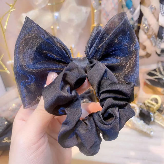 Korean Luxury Fashion Black Rhinestone Bow Hair Tie 2023 New