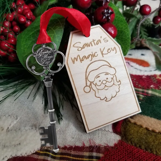 Christmas Santa Key Ornament, Santas Magic Key for No Chimney Houses, Santa Key with Wood Engraved Wooden Tag and Red Bag and Ribbon, Vintage Santa