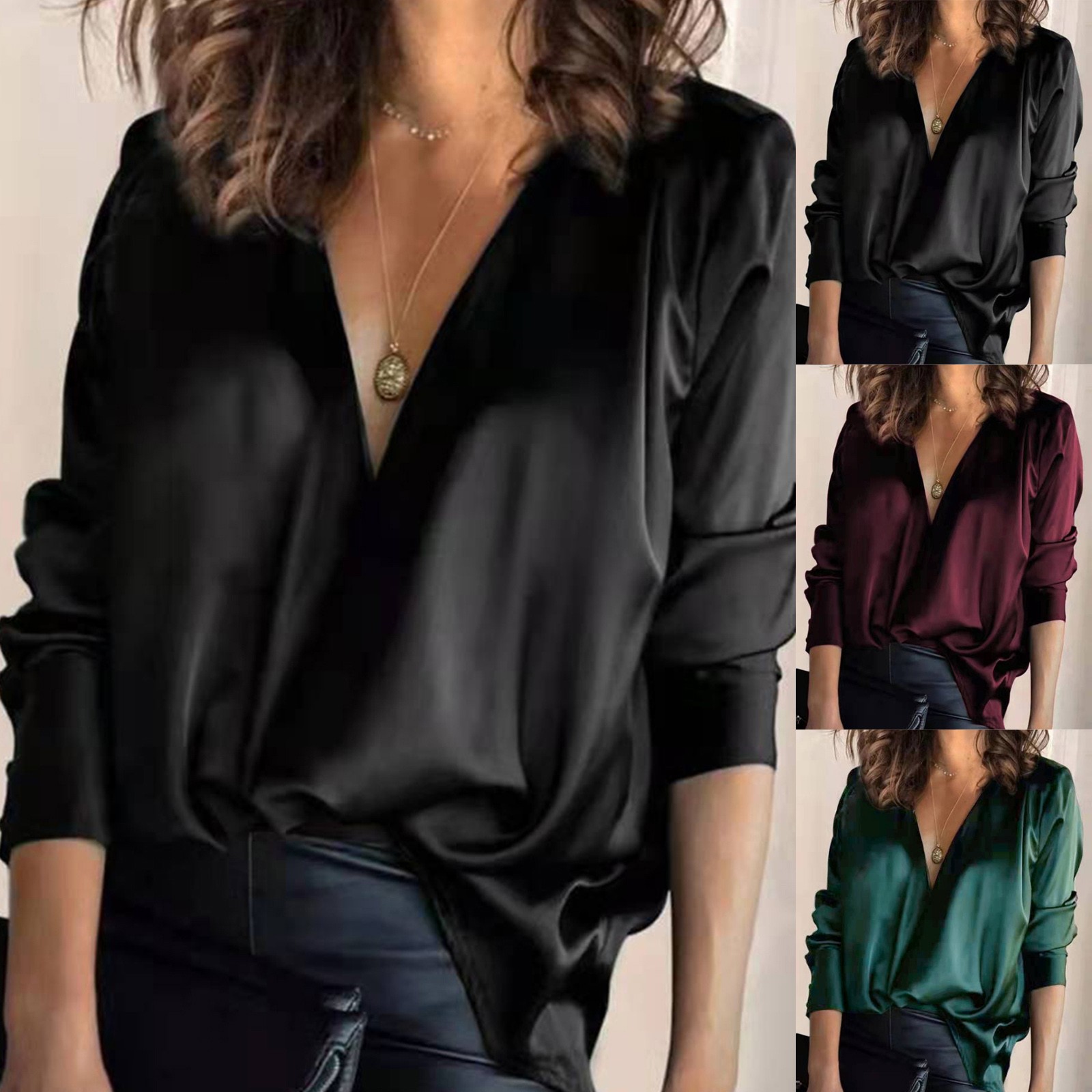 primavera cetim de seda com decote em camisa verde mulheres magro blusa elegante manga longa wrap blusas moda sólida blusa de cetim novo topo