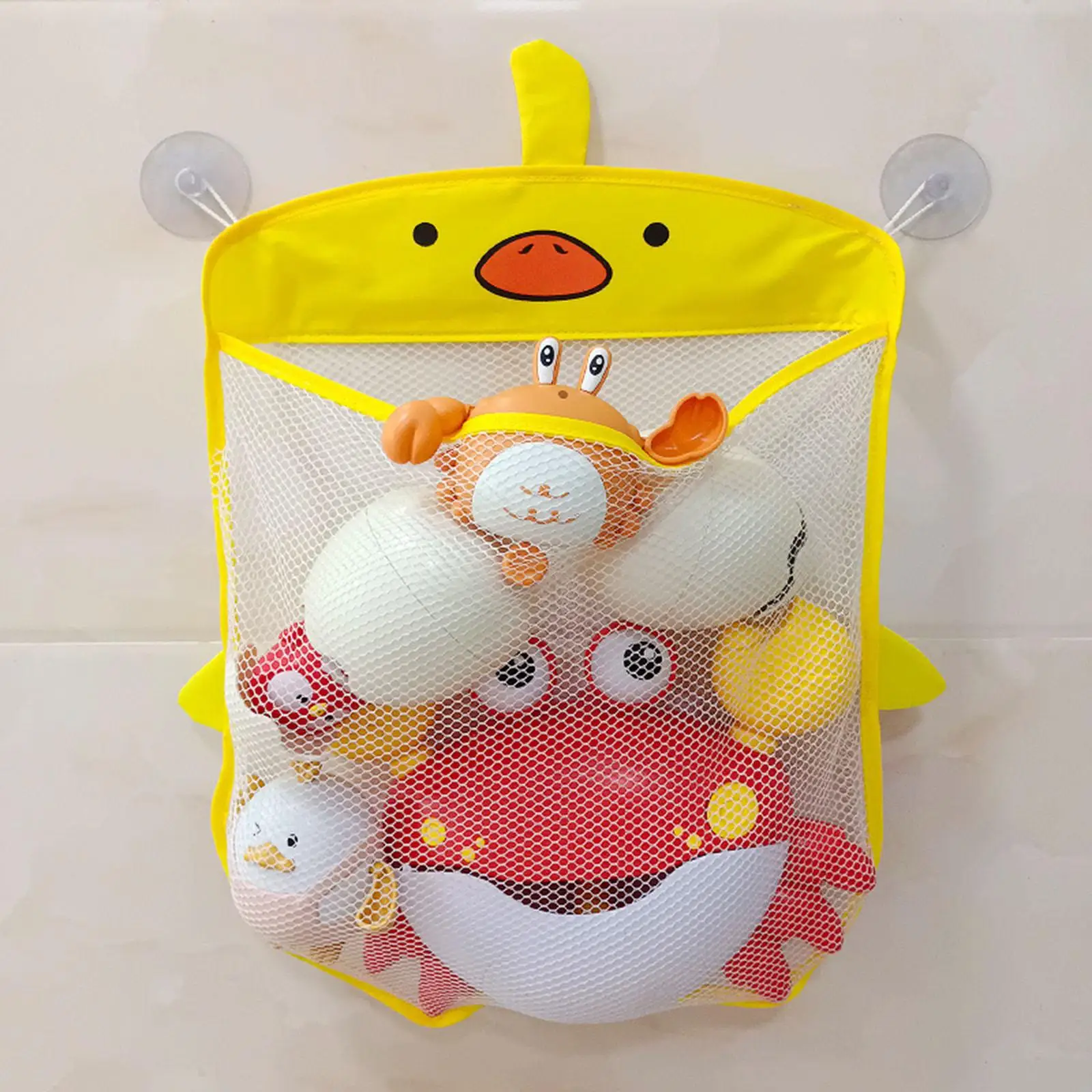 Hanging Toy Storage Mesh Bag Quick Drying Duck Shape Organizer with Suction Cups Holder Toy Organizer Mesh Bag for Baby Children