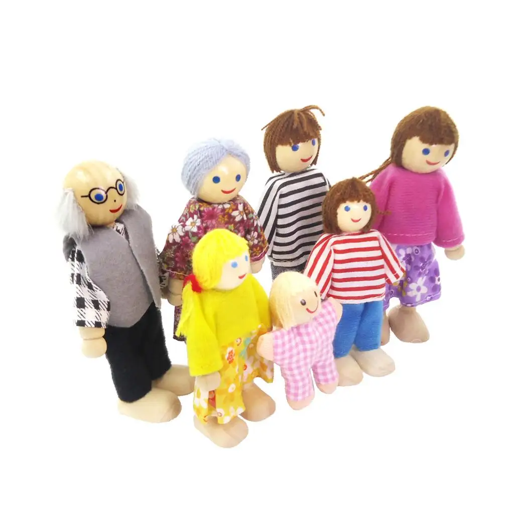 7 pieces Dollhouse Miniature Wooden Dolls  Life  Colorful Clothes