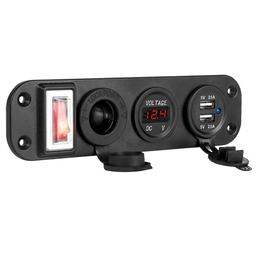 12V/24V Dual USB Socket Charger LED Voltmeter On-Off Switch Panel