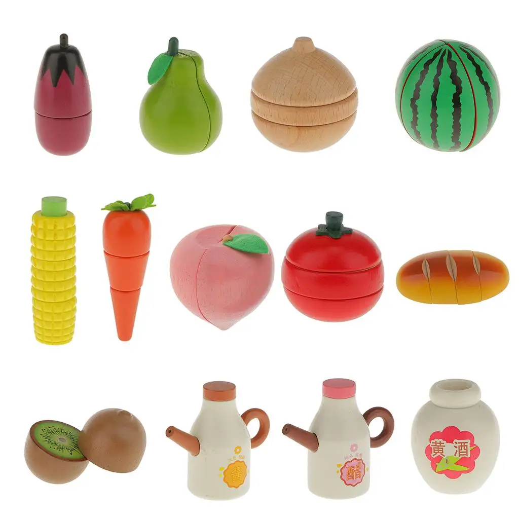 Wooden Magnet Connected Fruits/Vegetables Kid Kitchen Cutting Pretend Play Toys