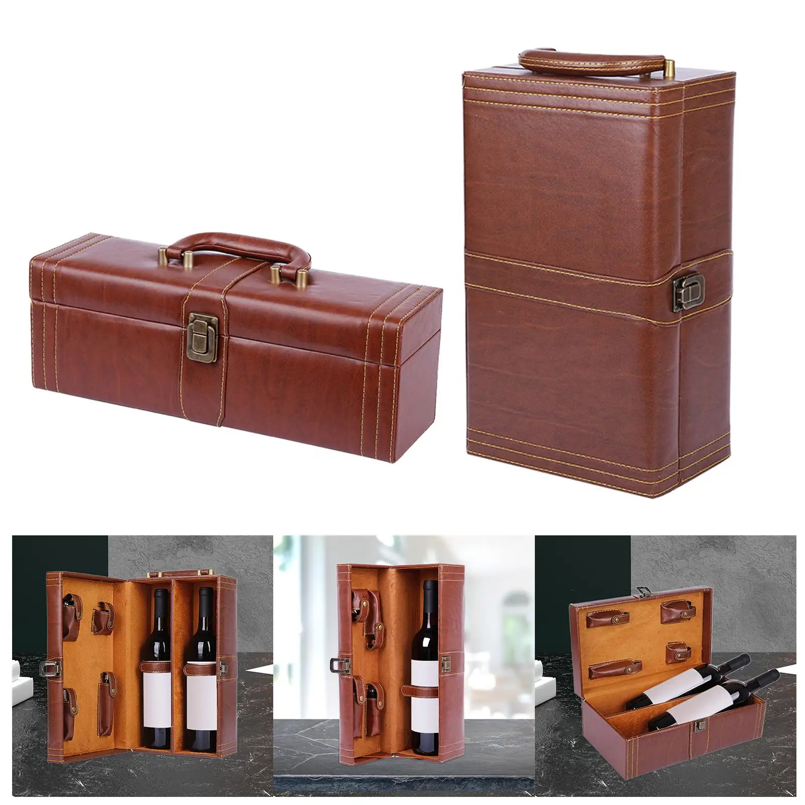 Red Wine Gift Box PU Leather with Lid and Handle Wine Carrying Case for Celebrations Anniversary New Year Parties Collectibles