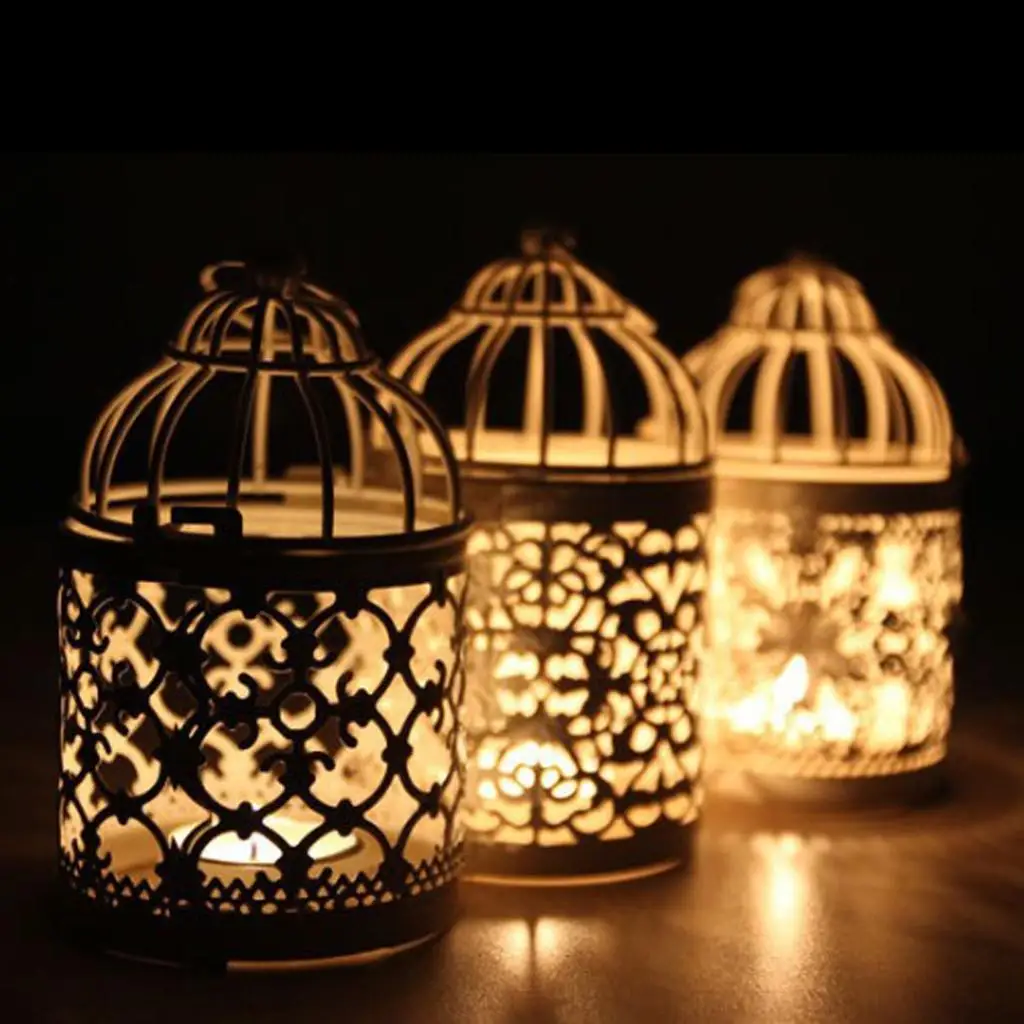Hollow Tealight Candle Holder Bird Cage Hanging Candlestick E-Rose Gold 