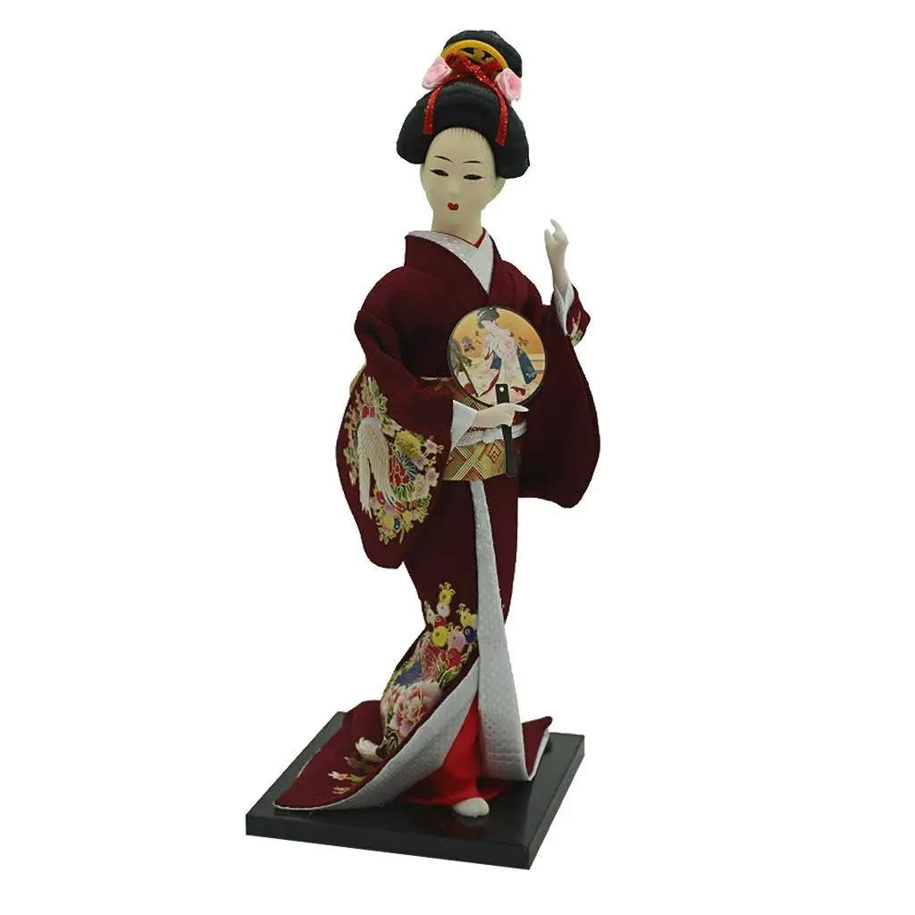 12 Inch Japanese Geisha  with Burgundy Kimono Decoration Adult