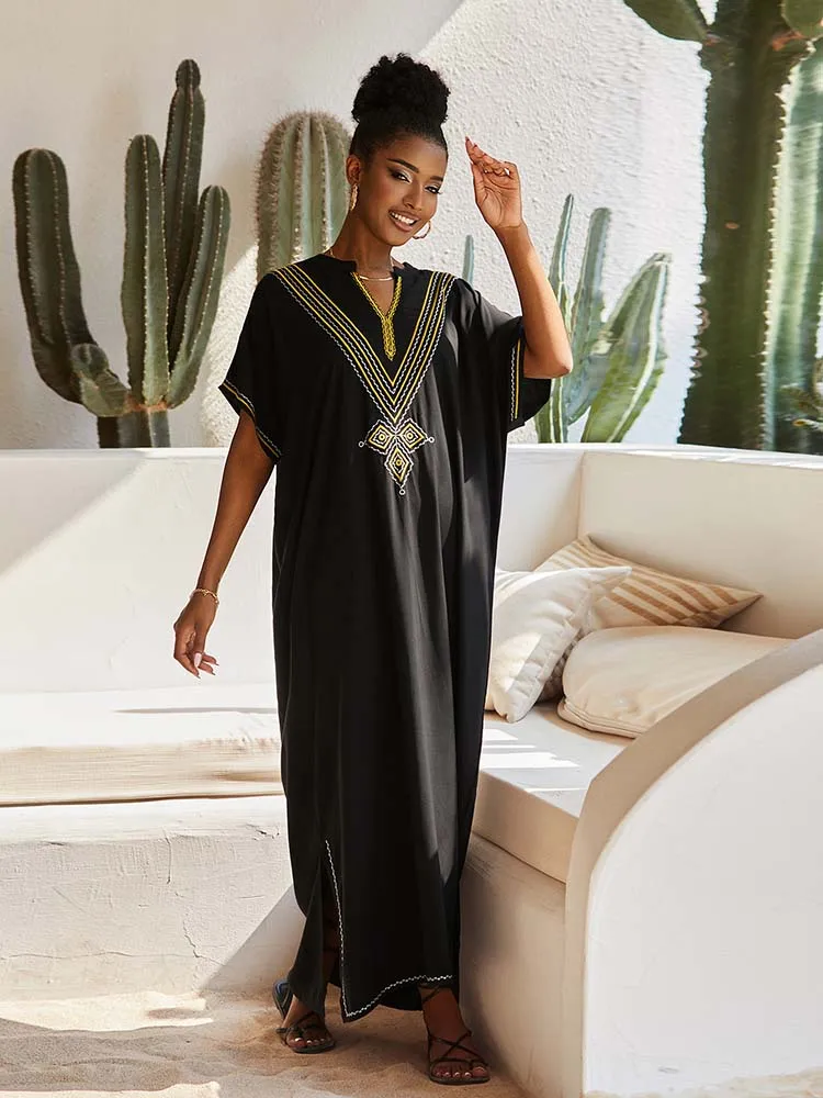 Cover-ups Rayon Black Kaftan Dress for Women Summer Beach Cover up Embroider Robel Maxi Dress Pareos Tunic for Beach Beachwear