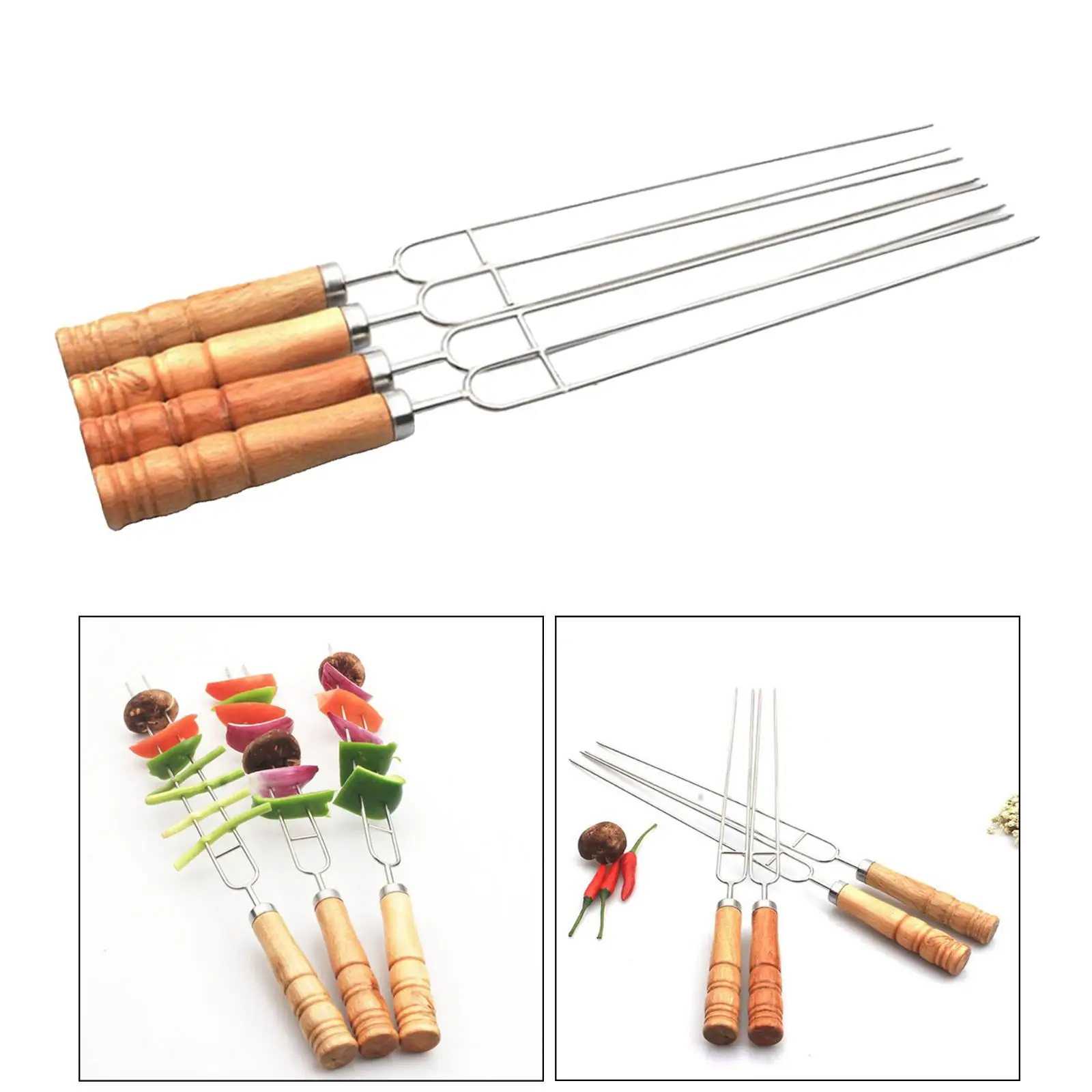 6pcs Barbecue Grill Fork Stainless Steel U-Shaped BBQ Skewer With Anti-scald Wooden Handle Metal Fork Set for Outdoor BBQ Grill