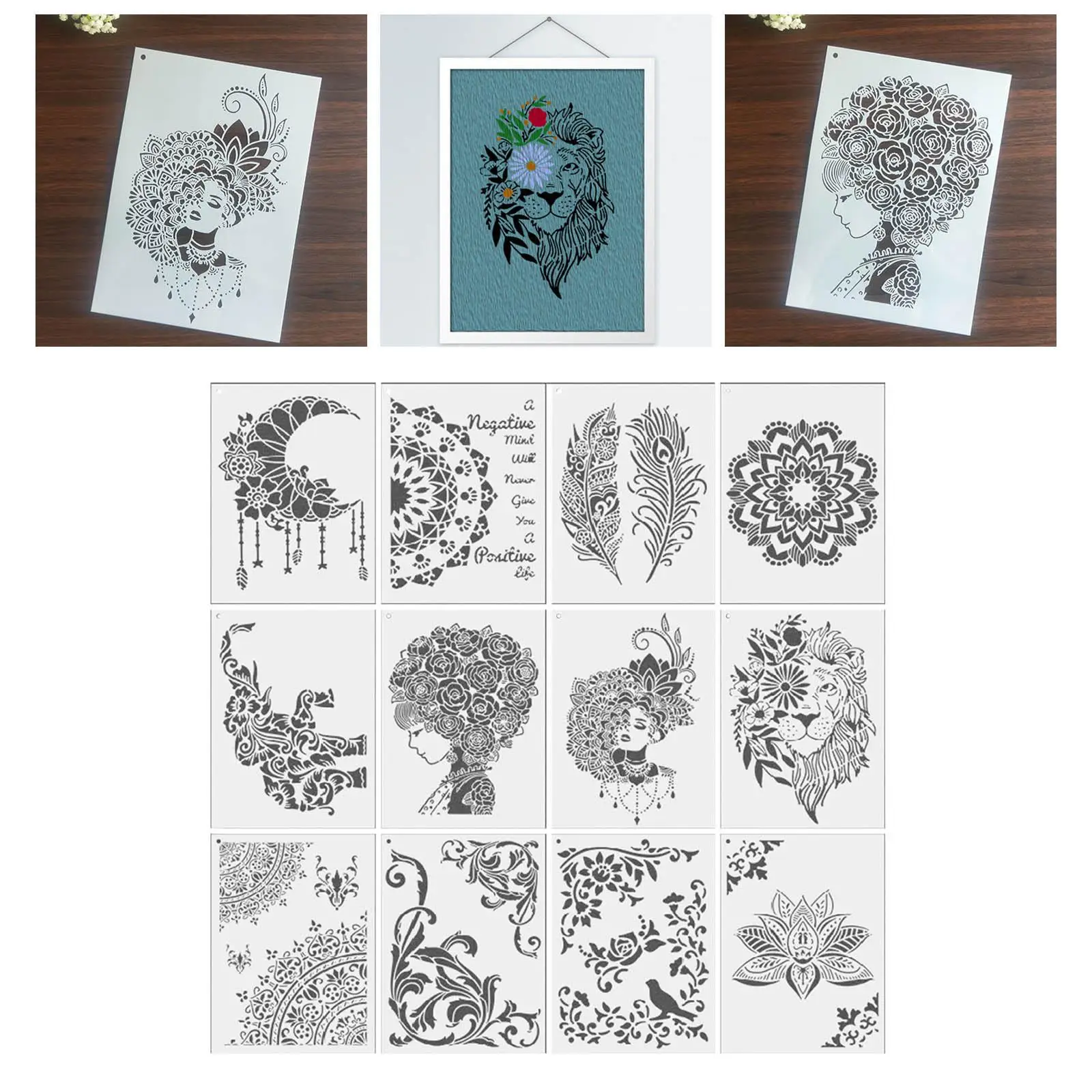 12pcs DIY Craft Mandala Stencils for Painting on Wood,Fabric,Walls Art Scrapbooking Stamping Album Embossing Paper Cards