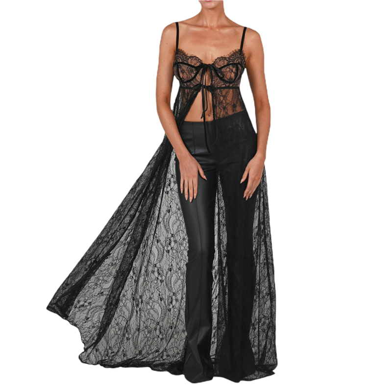 Women Beach Dresses Summer Solid Color See Through Spaghetti Strap Sleeveless Lace Long Dresses Bikini Cover Up