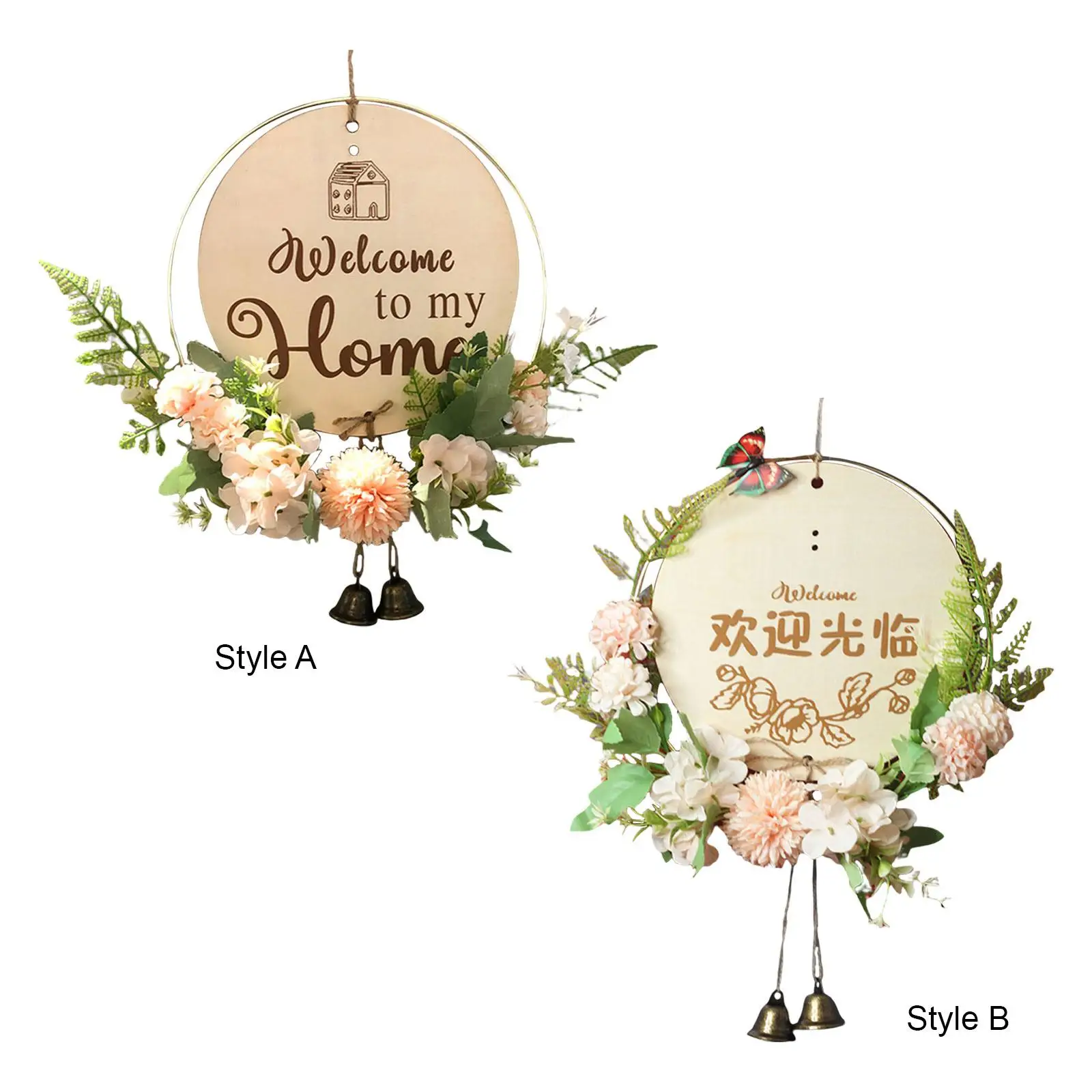 Welcome Sign Wreath with Bells Artificial Flower Door Wreath for Fireplace