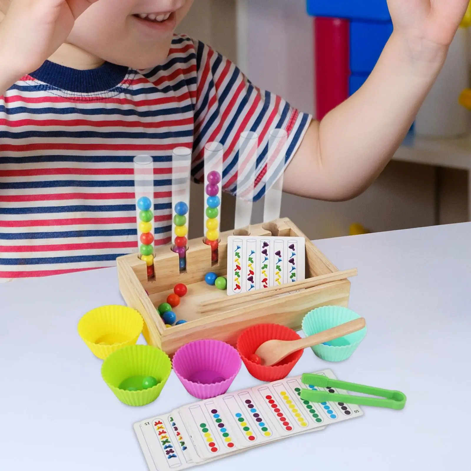 Wooden Peg Board Game Beads Game Wooden Rainbow Balls in Cups Montessori Toy for Children