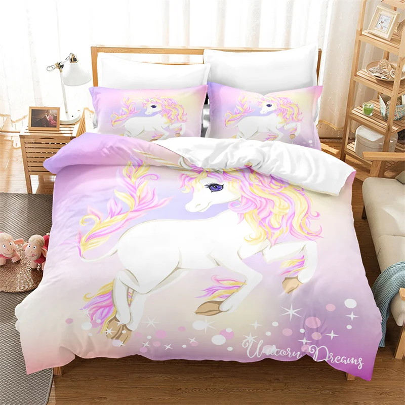 Juego de ropa de cama de dibujos animados para niños, funda de edredón de unicornio, doble, decoración de habitación de niñas, funda de edredón de animales lindos, diseño de moda