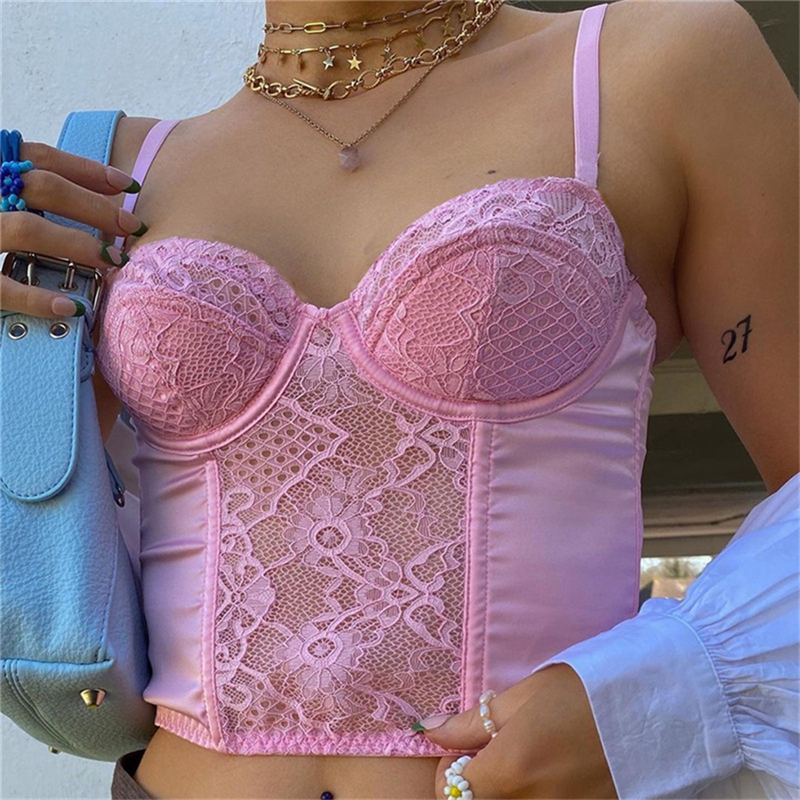 Retro Kawaii Corset Tops Pink Floral 