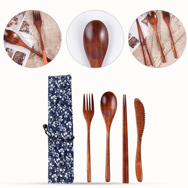 Hot Sale Japan Style Wooden Tableware Set Spoon Fork Chopsticks with  Storage Case Travel Cutlery Set Portable