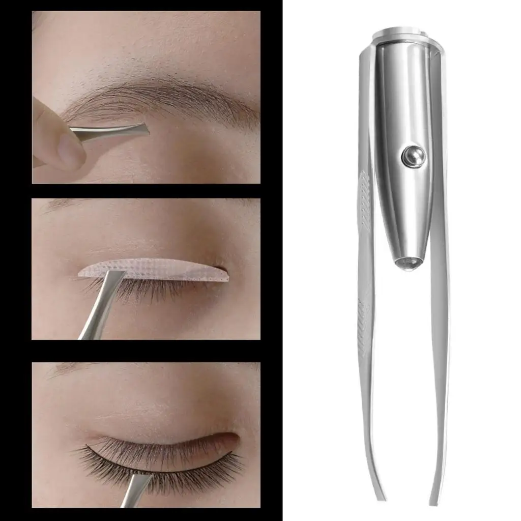 Professional Eyebrow Tweezers LED Light Hair Clip Tweezers E