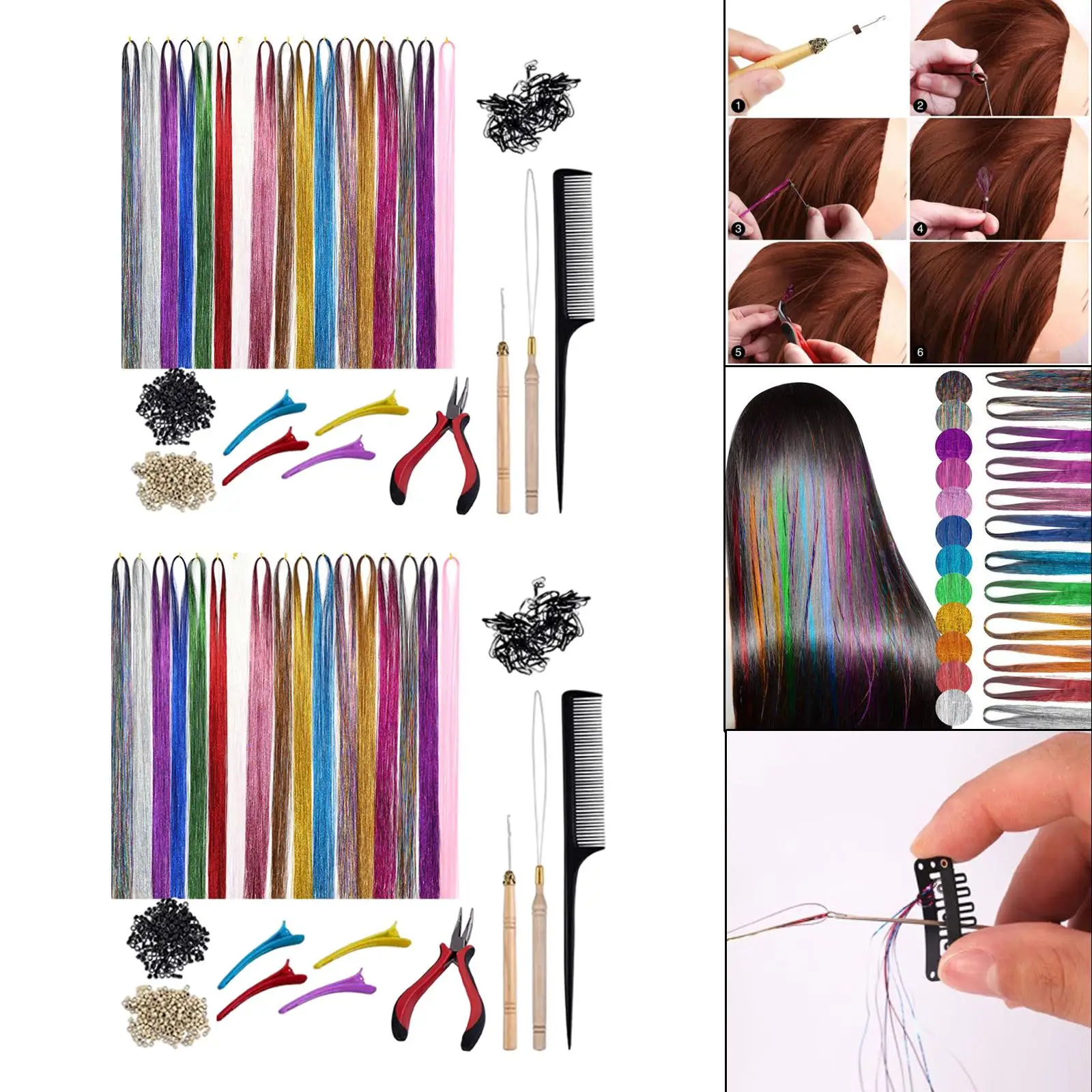 12-Color Hair Extension Tinsel Kit Glitter 200Pcs Rings Beads for Cosplay Hair Styling Shiny Hair Braiding Hair Women Girls