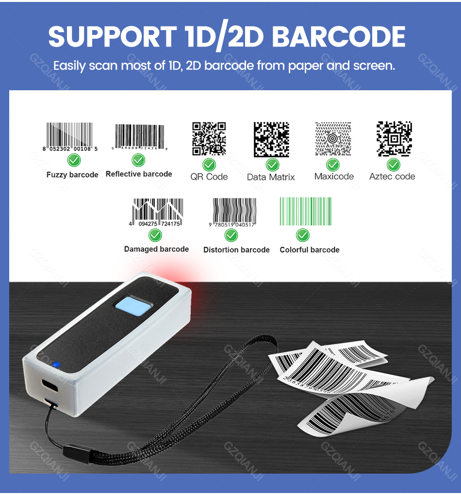 scanner de sans fil mini lecteur qr portable usb prise en charge du téléphone ipad