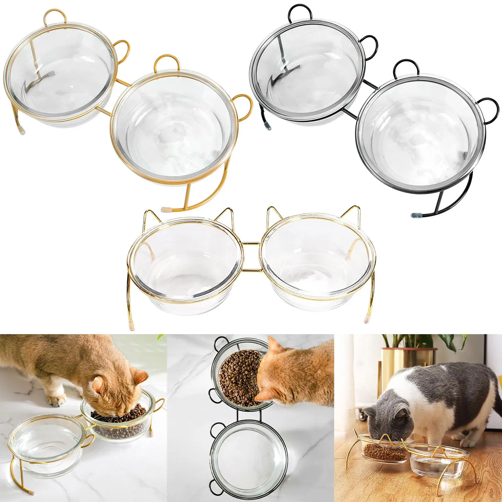 Double Glass Raised Cat Bowls Non- Bottom Water Feeder with Heighten Stand for Small Dog