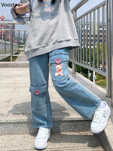 Japanese Lolita Women Kawaii High Waist Jeans Sweet Cartoon Bear Embroidery  Wide Leg Denim Pants Girly Clothing Loose Trousers - Pants & Capris -  AliExpress