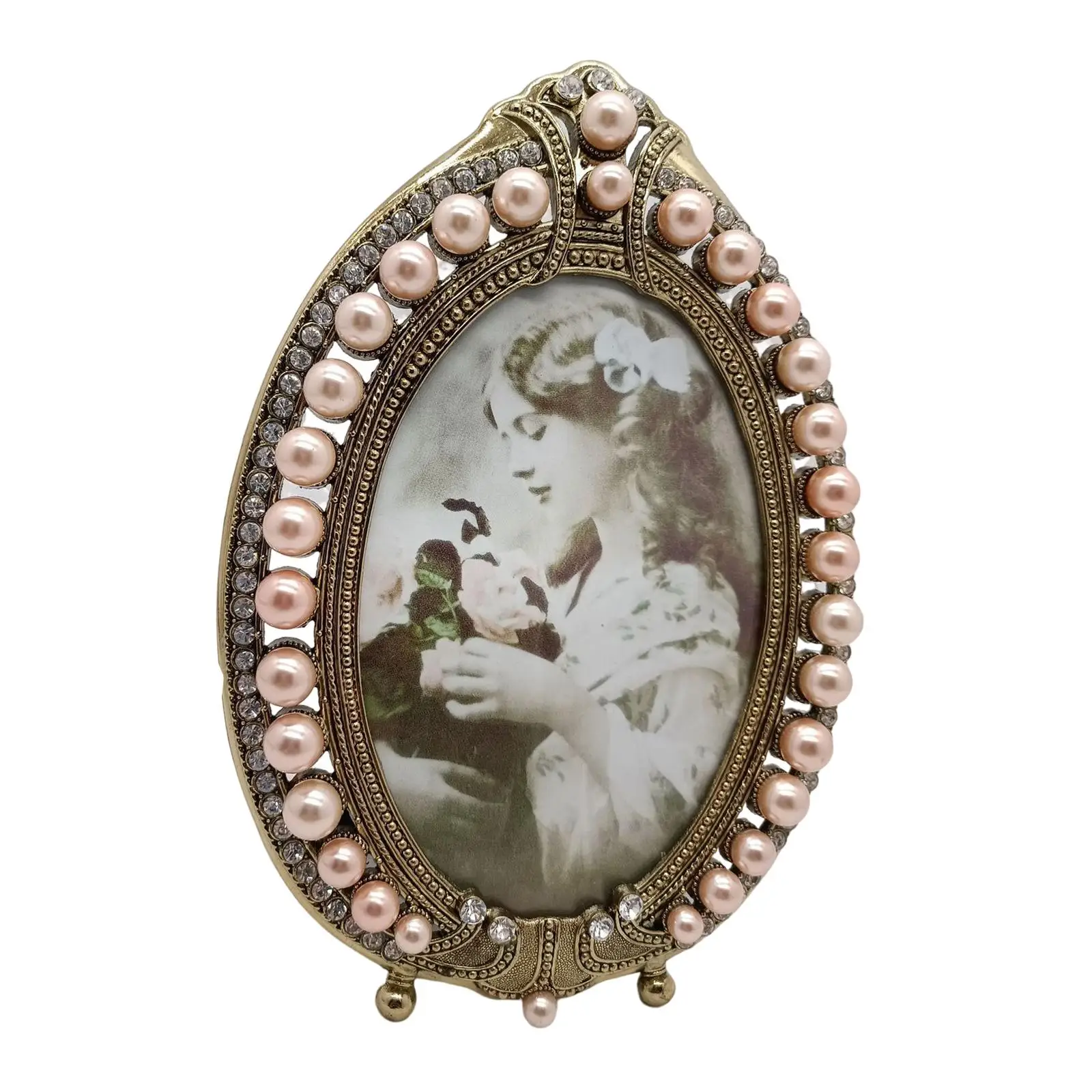 European Retro Style Photo Frame with Pearls Picture Display Holder Freestanding