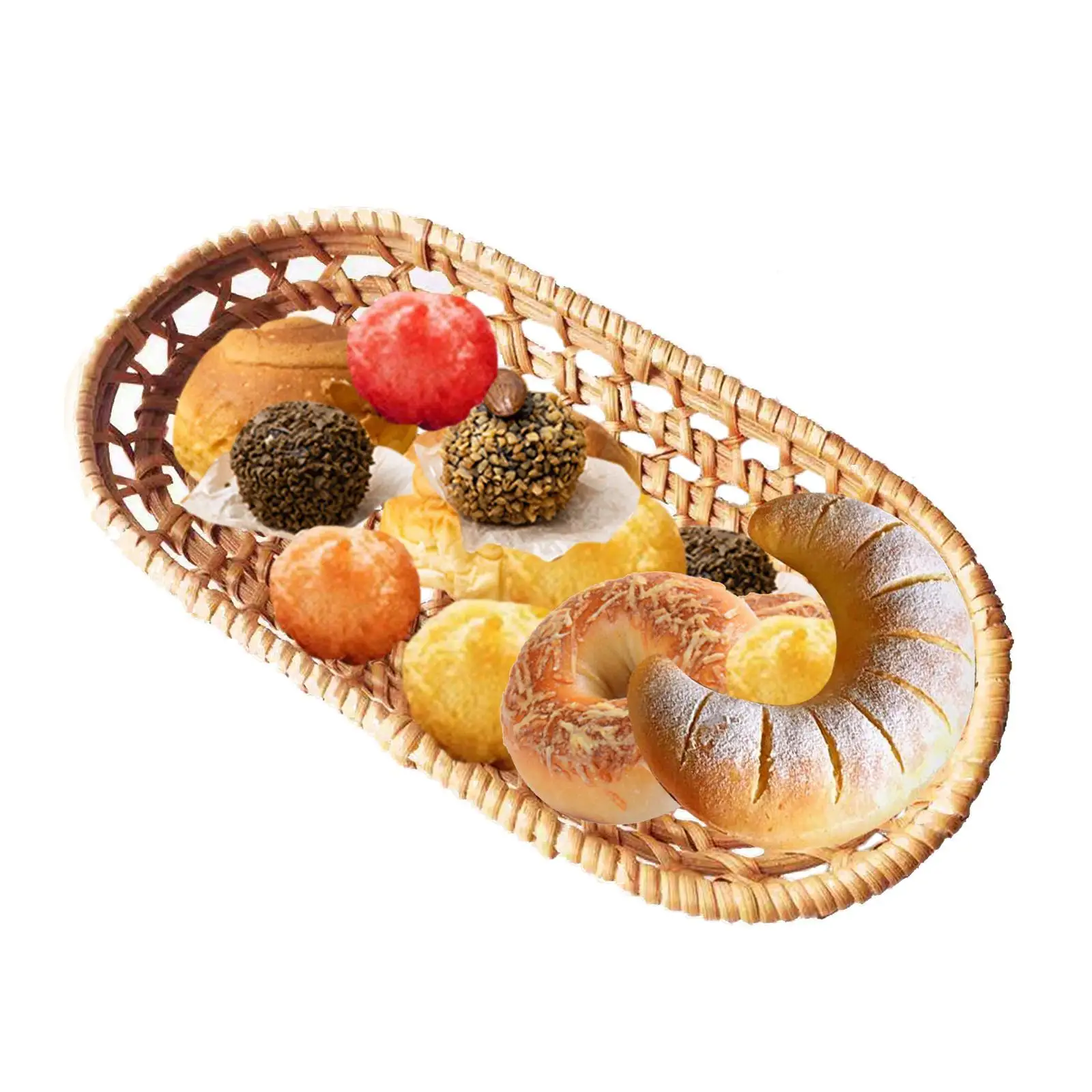 Rattan Baskets Organizer Tabletop Food Serving Tray Wicker Woven Basket for Fruits Breakfast Vegetables Outdoor Hotel