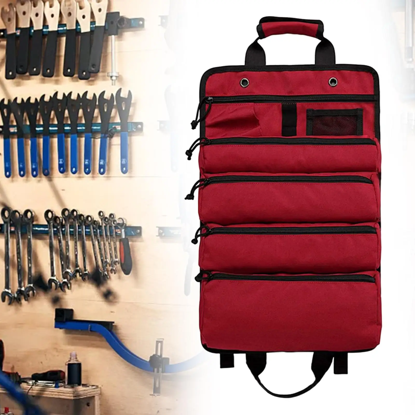 Tool Roll Storage Organizer Handbag with 5 Zippered Pockets for Electrician, HVAC, Plumber Grease and Rip Resistant Fabric