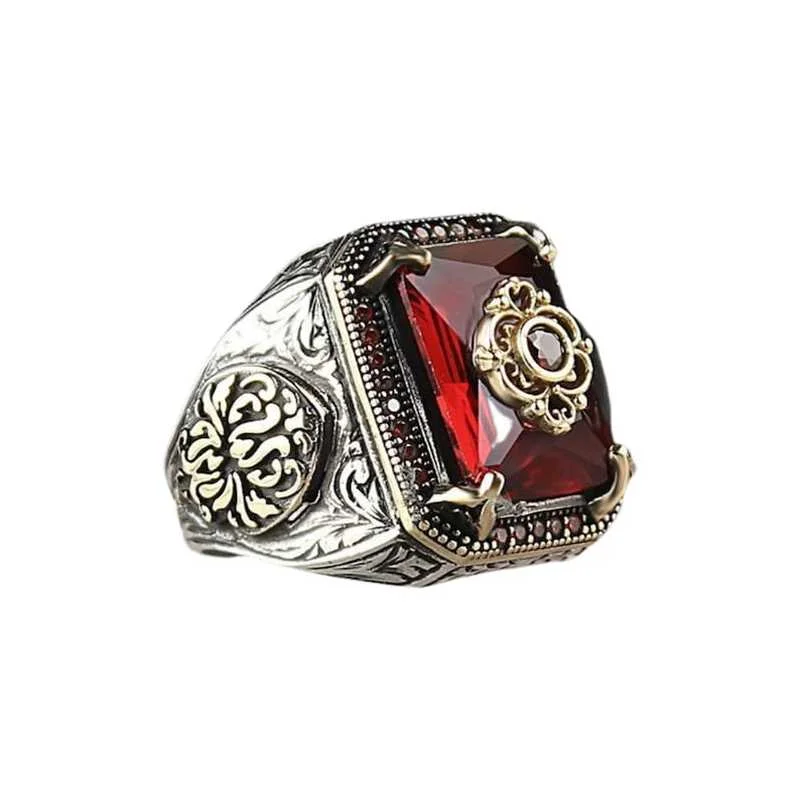Vintage Punk Windmill Ring Silver Color with Red Zircon Stone Fine Jewelry Fashion Rings for Men Gift for Him