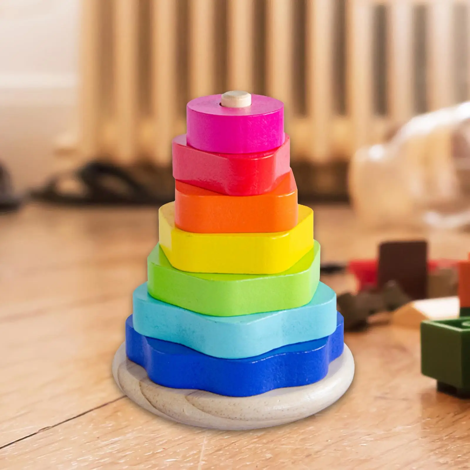 Rainbow Stacker Tower Toy Development Fine Motor Skill Shape and Color Wooden Building Blocks for School Toddler Age 2+ Years