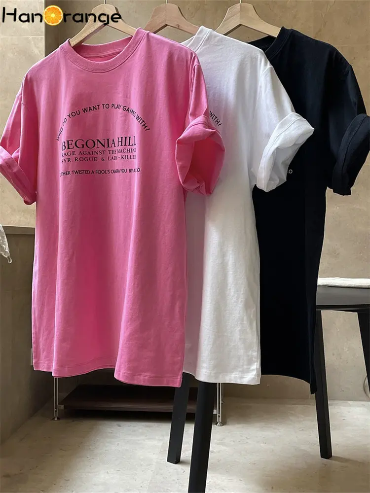 impressão algodão camiseta feminino solto curto-mangas compridas t feminino preto rosa branco