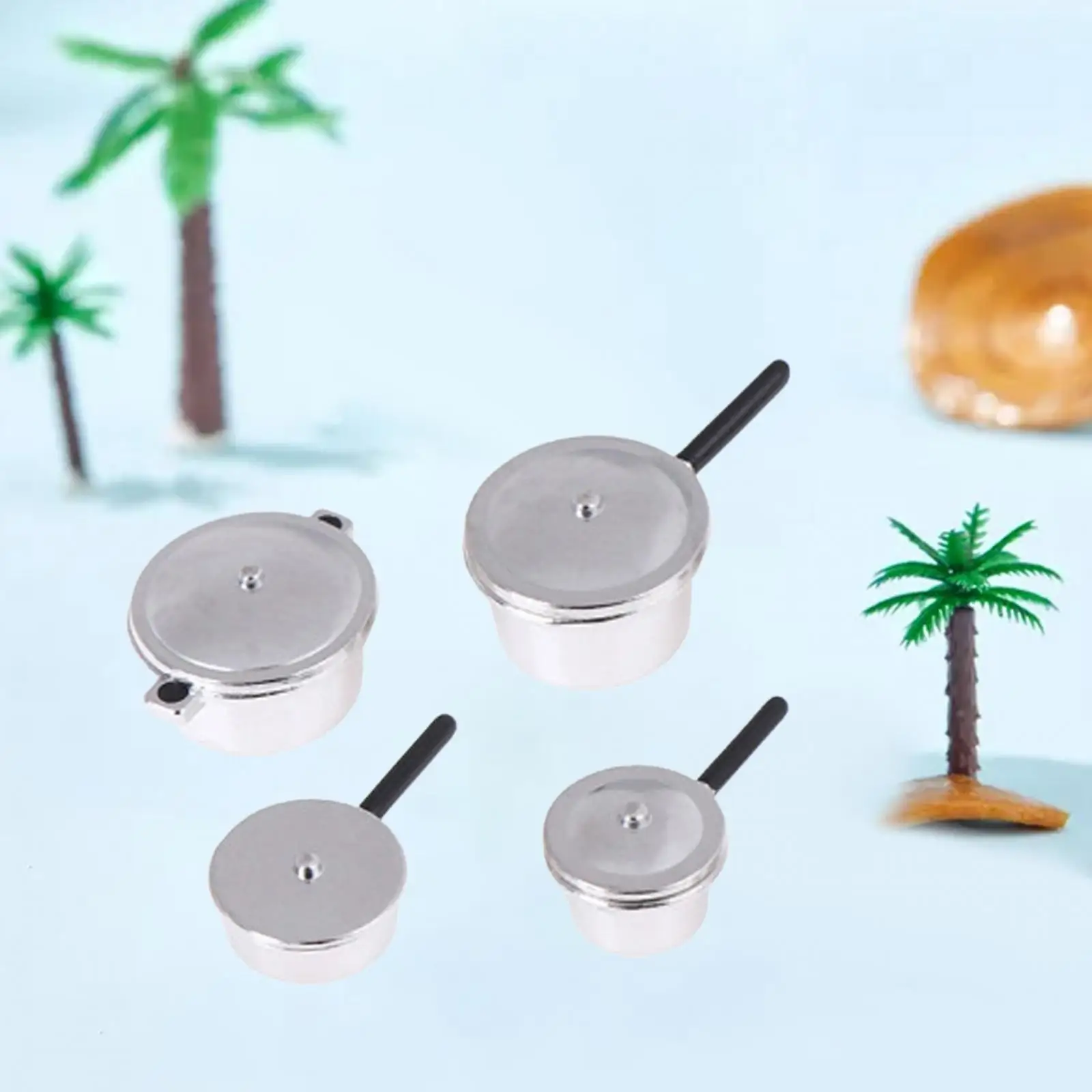 4 Pieces 1:12 Dollhouse Pots and Pans Scenes Mini Cooking Pan with Lids for Micro Landscape Miniature Scene Decoration Building