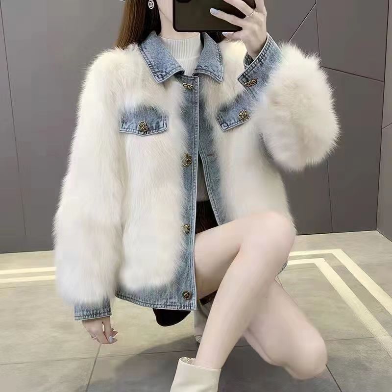 Casaco Faux Fox Fur Espessado Jean Jacket