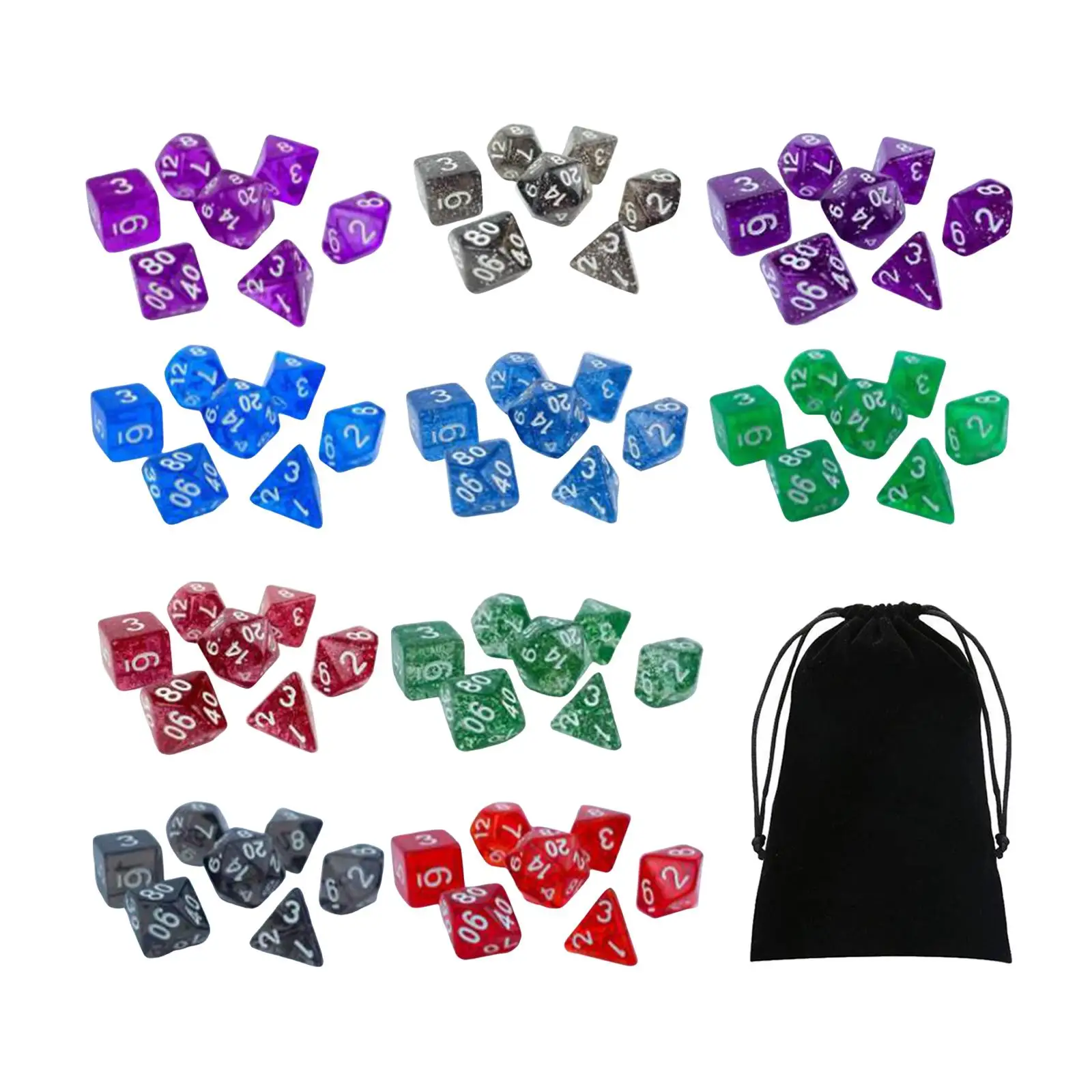 70Pcs Acrylic Dice Sets Entertainment Toy with Storage Bag Game Props Dice Polyhedral Dice Set for D10 D12 D6 D4 D8