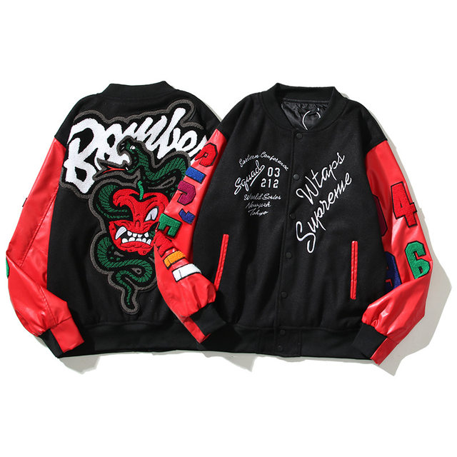 Mens Embroidered Varsity Jacket with Faux Leather Sleeves and Chenille  Embroidered Patches