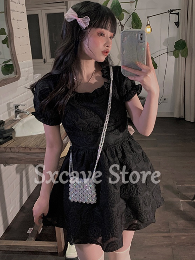 arco preto mini vestido feminino elegante gótico curto vestido de festa feminino verão vintage uma peça vestido coreano chique kawaii lolita