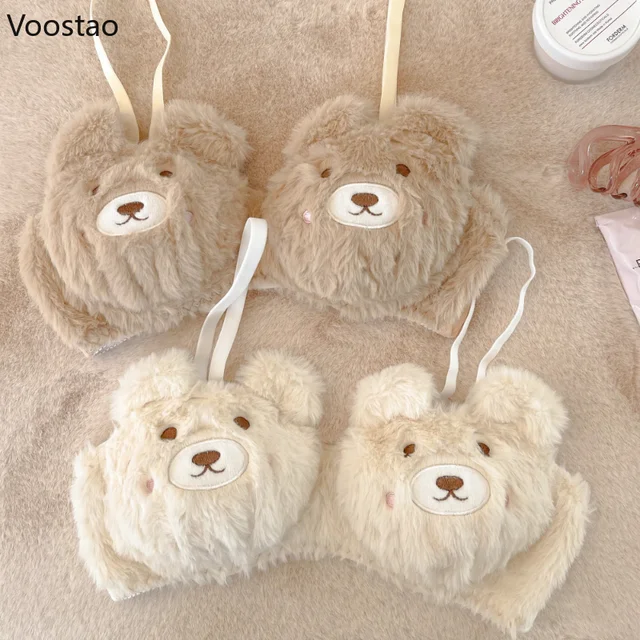 Japanese Plush Underwear Cute Bear Plush Wireless Lolita Girl Bra Winter  Warm Gather Push Up Bra