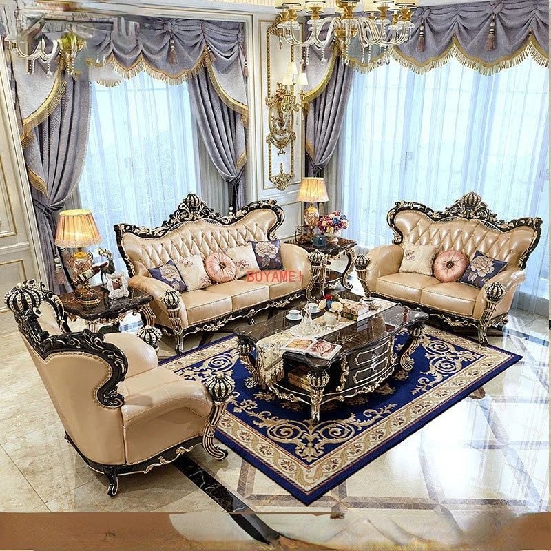 Дубовая вилла из массива дерева в европейском стиле для гостиной большойразмер из черного дерева роскошная корона комбинированный диван 739