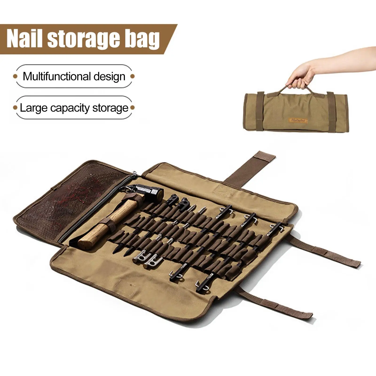 Outdoor Camping Tent Peg Nail Storage Bag Tent Hammer Wind Rope Rolled Up Bag