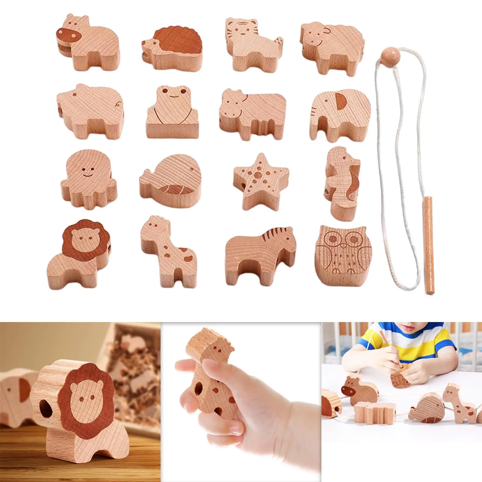 16Pcs Wooden Animal Blocks Lacing Toy Early Educational Fine Motor Skill Monterssori for Kids Children Boy Girl Birthday Gift