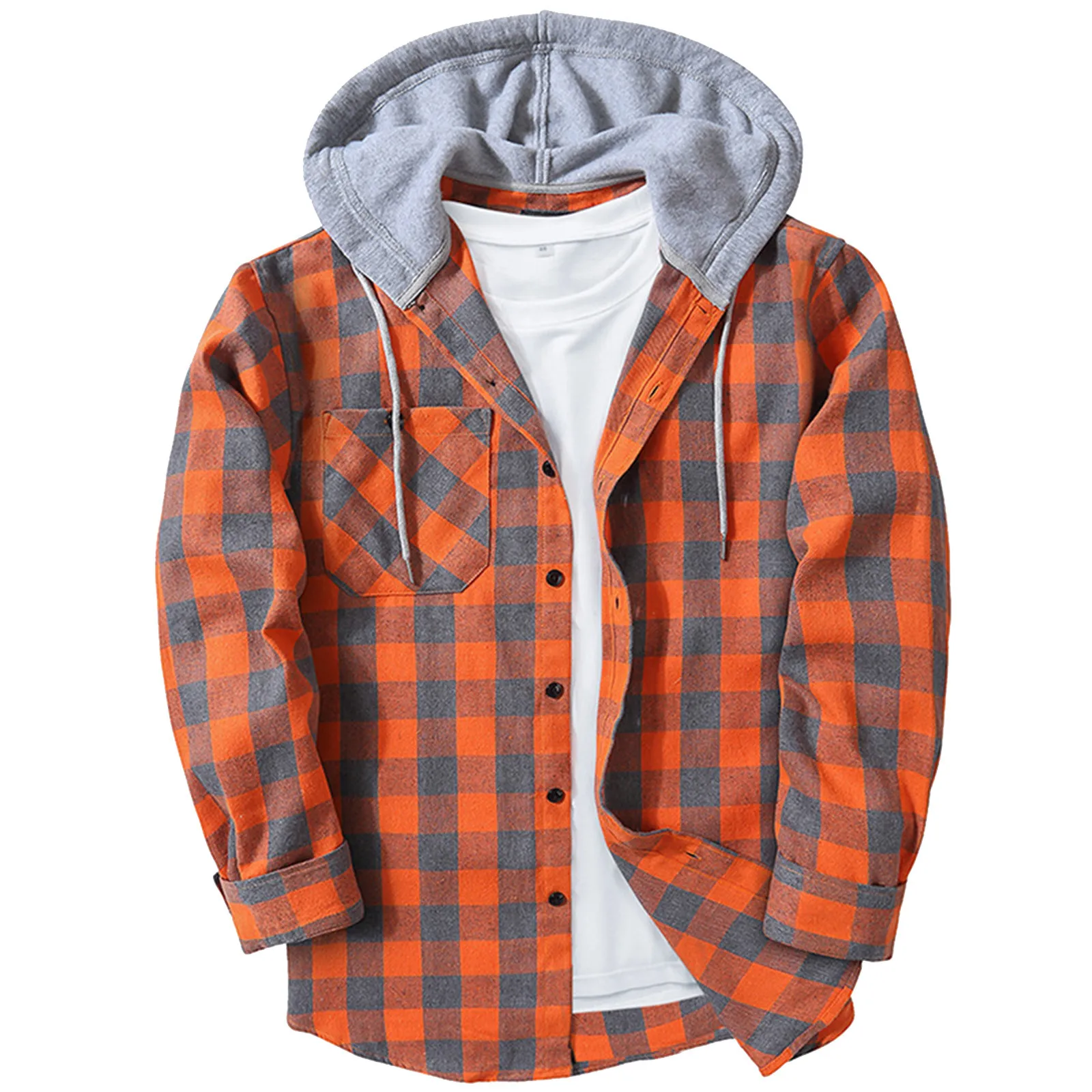 Camisa de franela con capucha para hombre, camisa cálida de manga larga con botones y bolsillo en el pecho, Top de principios de otoño