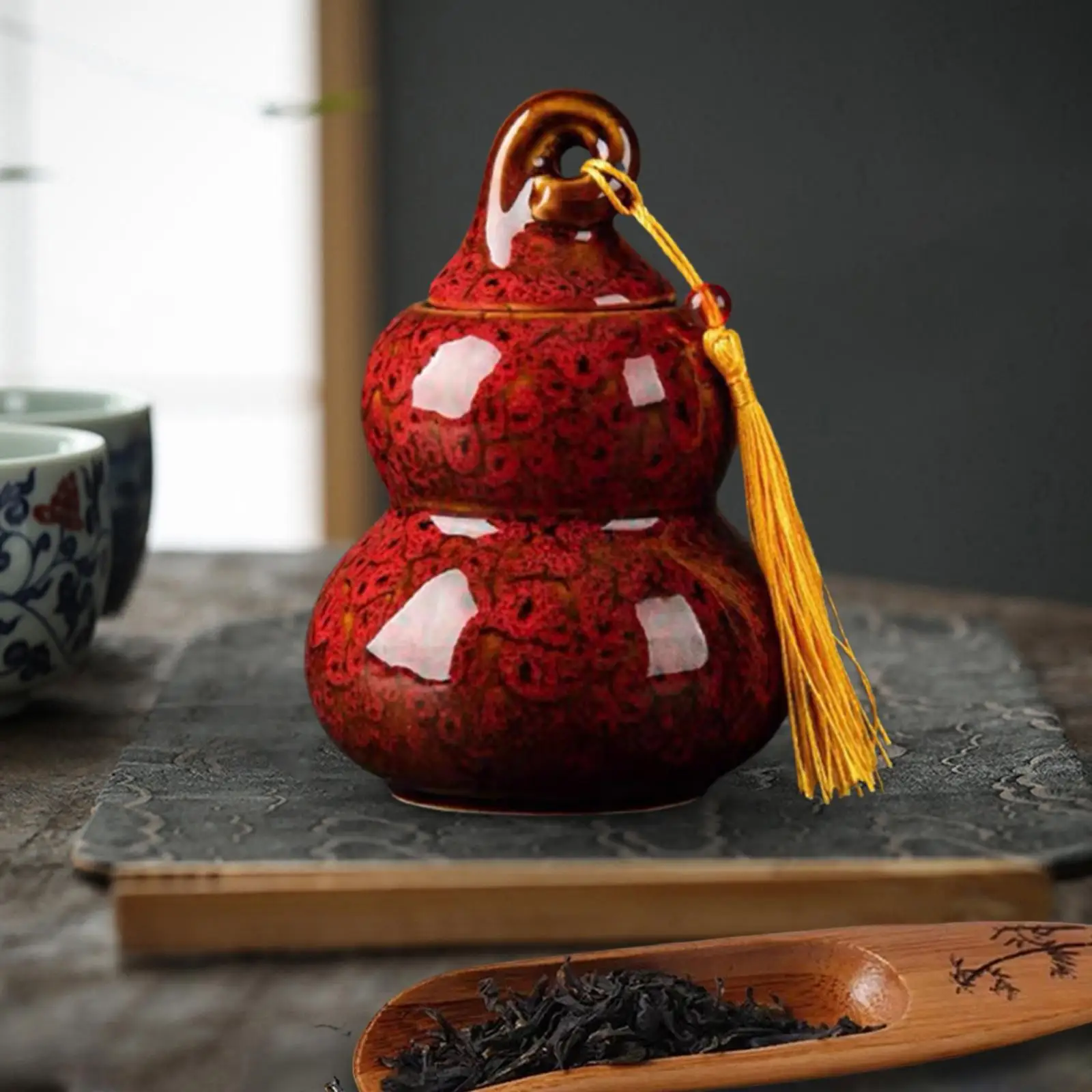 Ceramic Tea Container Portable Desk Porcelain Tea Jars Gourd Shape Loose Tea Tin 200ml for Home Dining Room Countertop Wedding