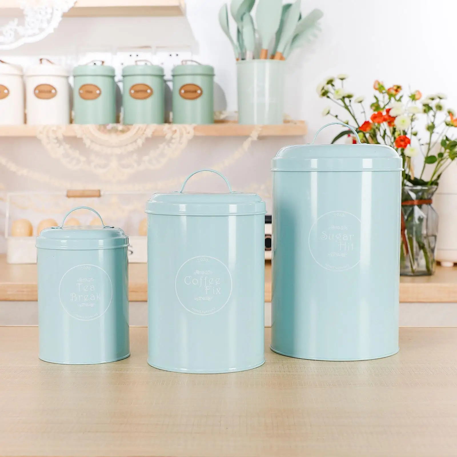 3Pcs Metal Coffee Sugar Storage Pots Jars Container Kitchen Food Storage Iron Candy Sealed Cans Box