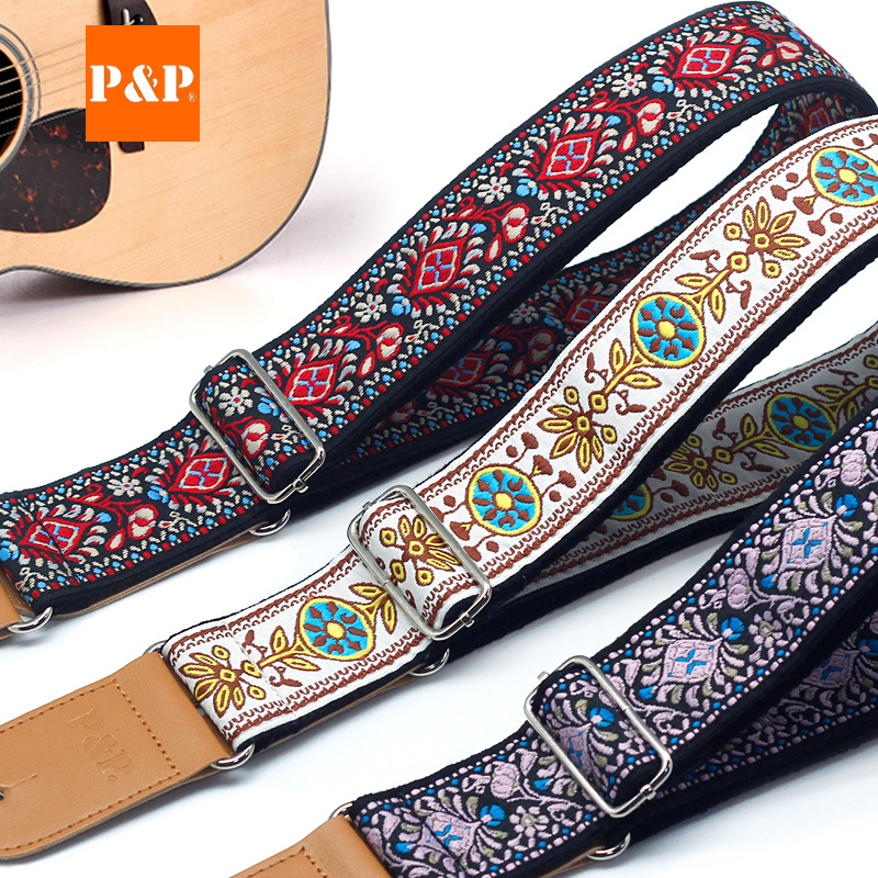 Description Picture 3 of itemP&P Adjustable Embroidered Cotton Guitar Strap Durable Widening and Thickening Electric Acoustic Folk Guitar Bass Belts Washable