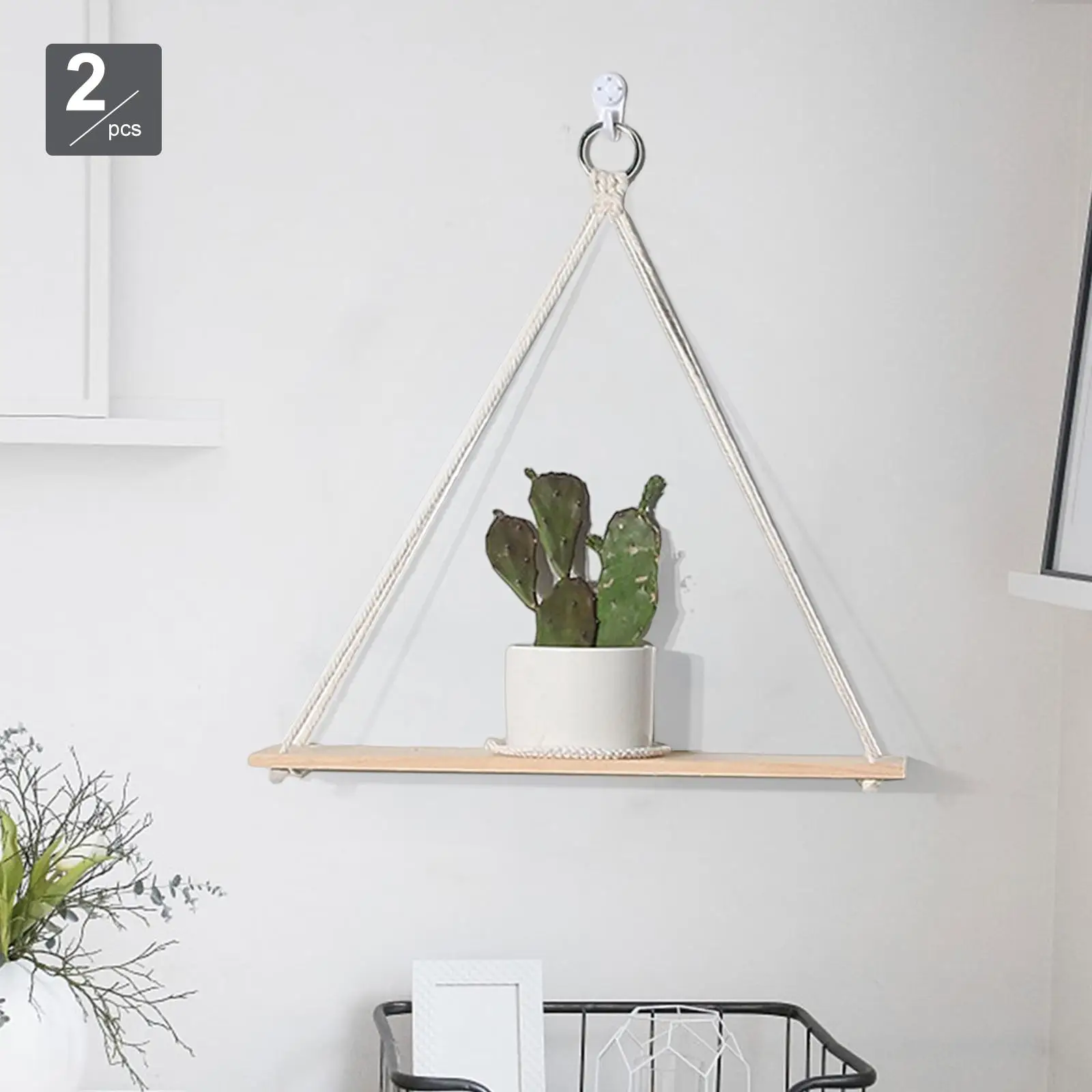 Wall Hanging Shelf Wood Wall Shelf with Woven Rope Triangular Floating Shelf for Living Room